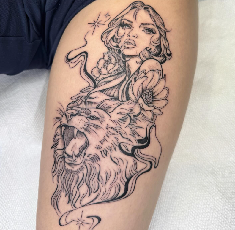 Pièce signature de Jade Lebel — portrait et lion en fine line